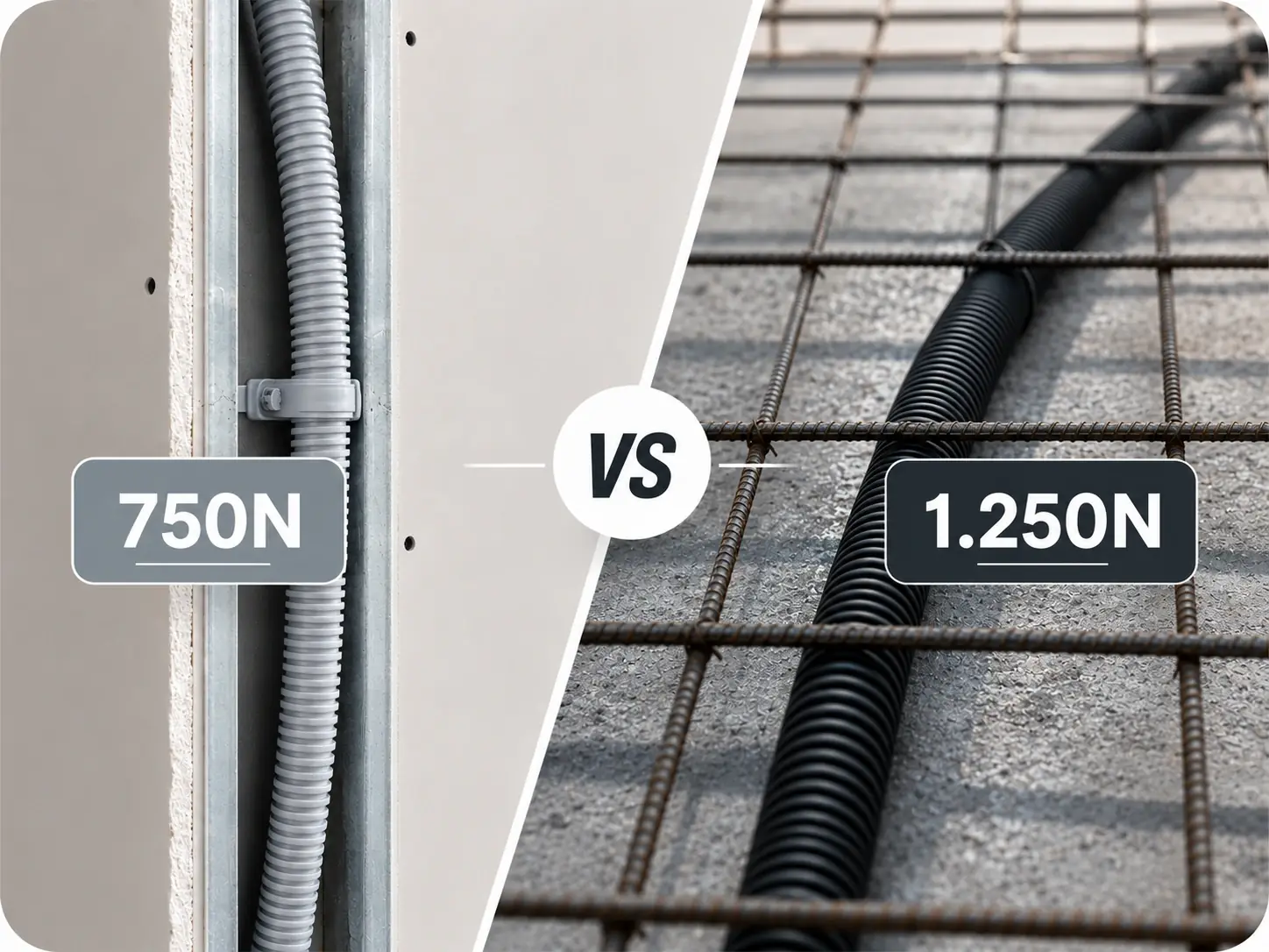 Comparación de tubería eléctrica 750N vs 1250N