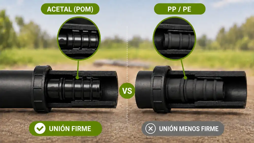 Corte de conector de riego: Acetal (POM) logra unión firme; PP/PE unión menos firme